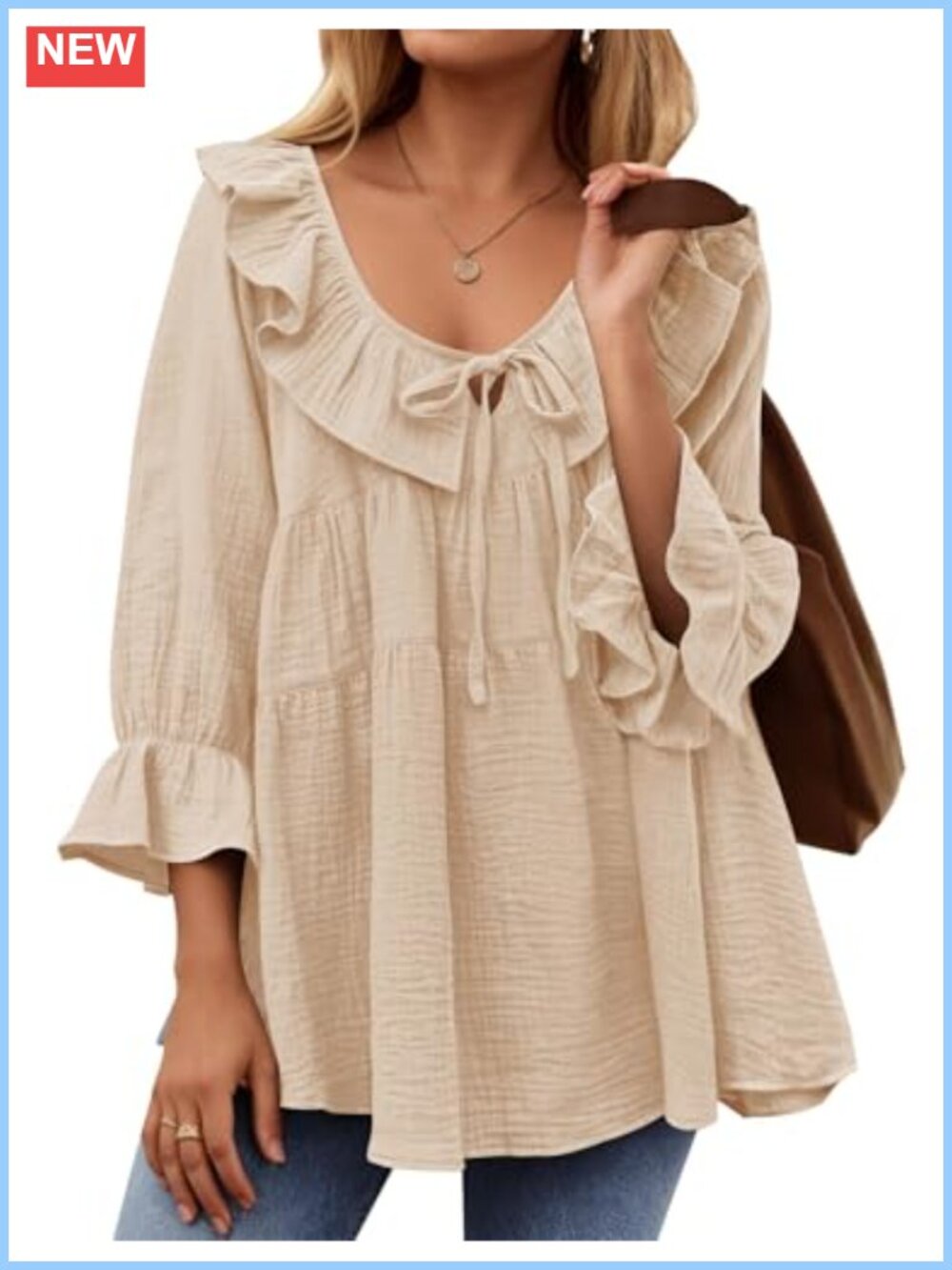 Womens 3/4 Sleeve Flowy Boho Ruffle Tunic Top Loose Fit Blouse